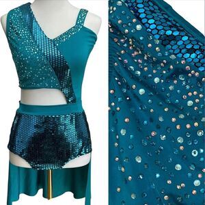 Kelle dance custom rhinestone solo costume teal blue cutout leotard MA adult